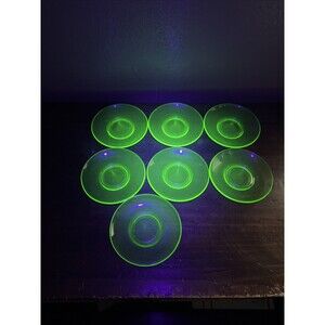 Vintage Uranium Green Depression 5.5" Saucer Bread Plates - Set of 7 Vaseline